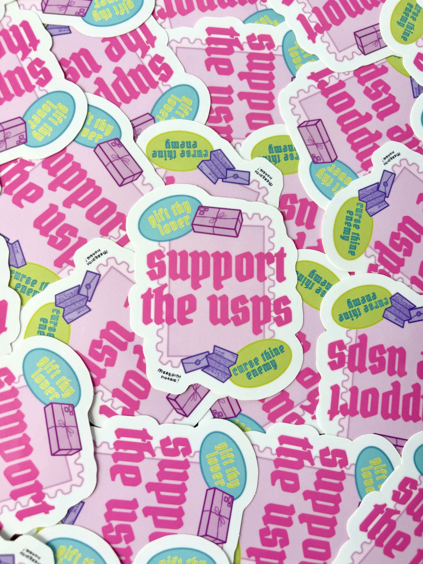Collection of colorful stickers with text and graphics on a background of similar stickers by Meredith Hoagie