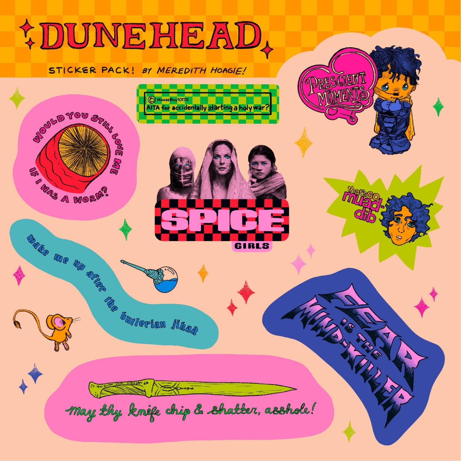 collection of dune inspired stickers on a sticker sheet designed by Meredith Hoagie