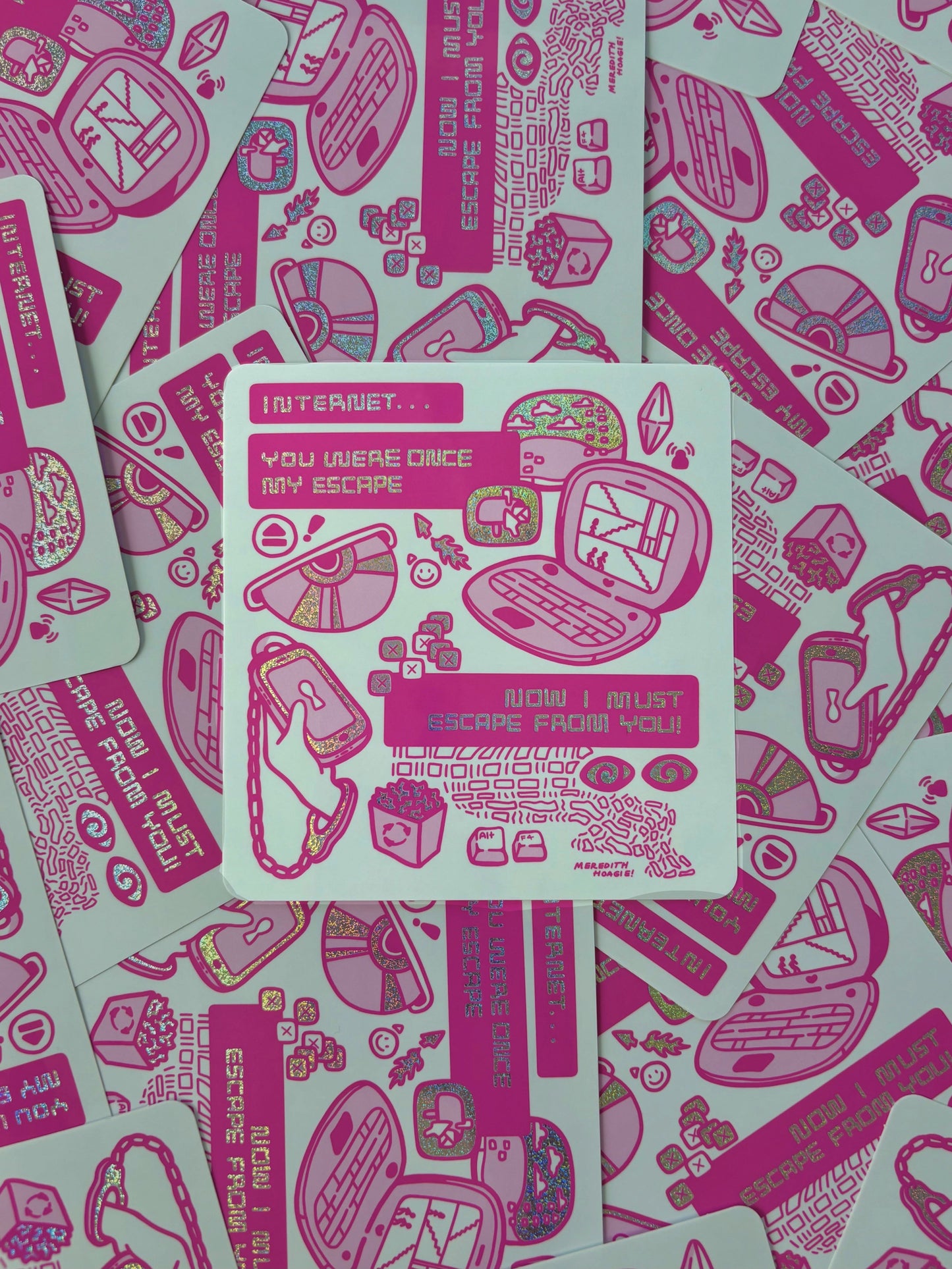 Pink and white patterned cards with text and graphics on a background of similar stickers by Meredith Hoagie
