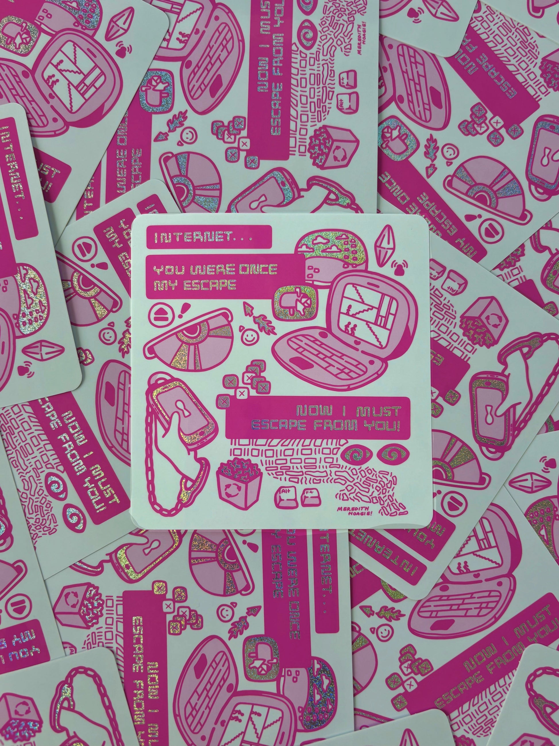 Pink and white patterned cards with text and graphics on a background of similar stickers by Meredith Hoagie
