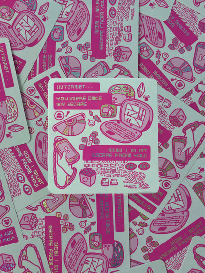 Pink and white patterned cards with text and graphics on a background of similar stickers by Meredith Hoagie