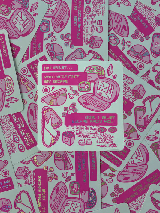 Pink and white patterned cards with text and graphics on a background of similar stickers by Meredith Hoagie