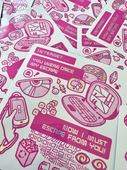 Pink and white stickers with digital-themed graphics and text by Meredith Hoagie