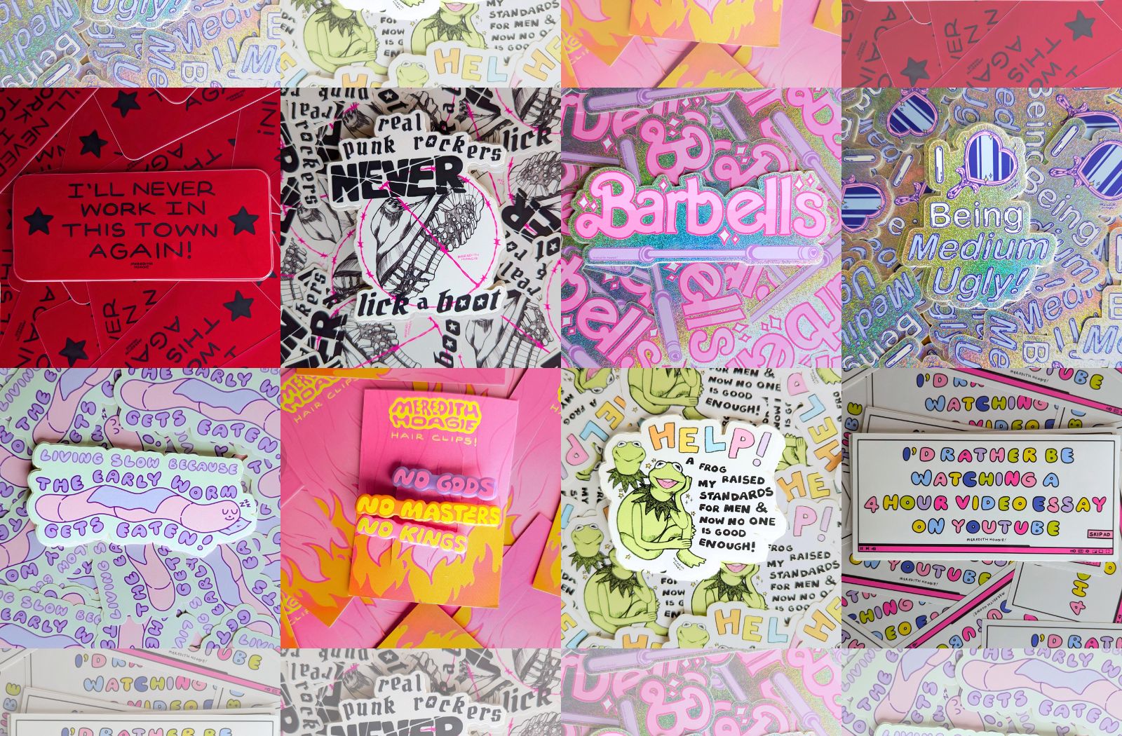 Collection of colorful stickers and hair clips with various designs and text on a white background