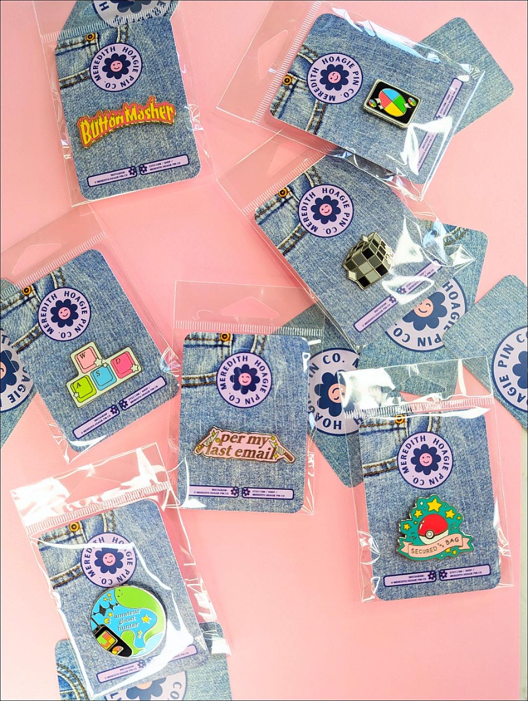 Meredith Hoagie Pin Co Enamel Pin Collection including the &quot;Button Masher Gaming Enamel Pin&quot;