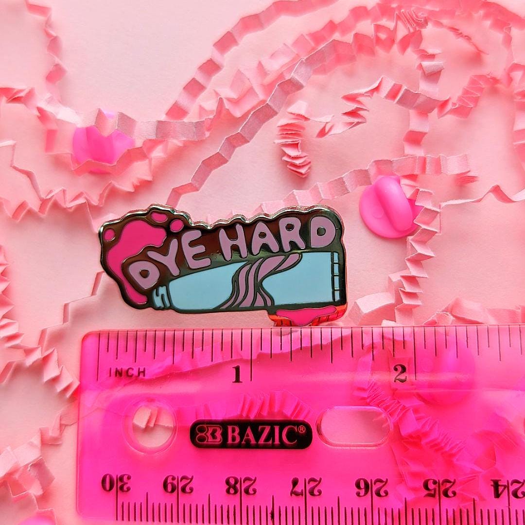 Dye Hard Enamel Pin – Cute Pink Kawaii Enamel Pin for Fun Hair Dye Lovers, Hair Dressers, Cosplayers, and Punk Style Enthusiasts