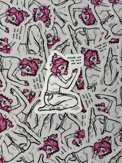 Pattern of stickers with a stylized character with pink hair and text on a white background by Meredith Hoagie