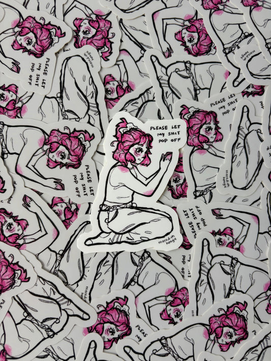 Pattern of stickers with a stylized character with pink hair and text on a white background by Meredith Hoagie