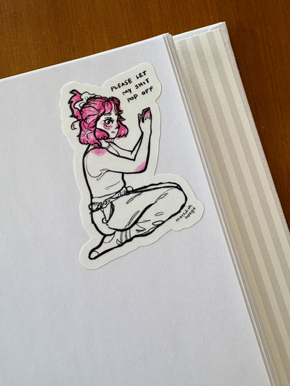 Sticker of a stylized character with pink hair on the Coffee Table Sticker Book